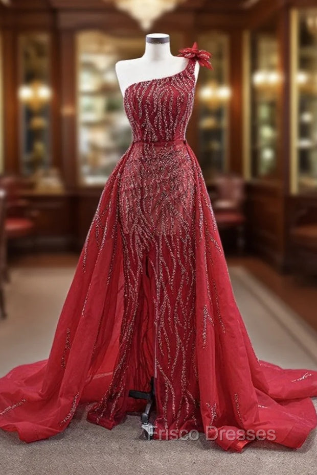 Burgundy Tulle One Shoulder Beading Formal Prom Dress Main image