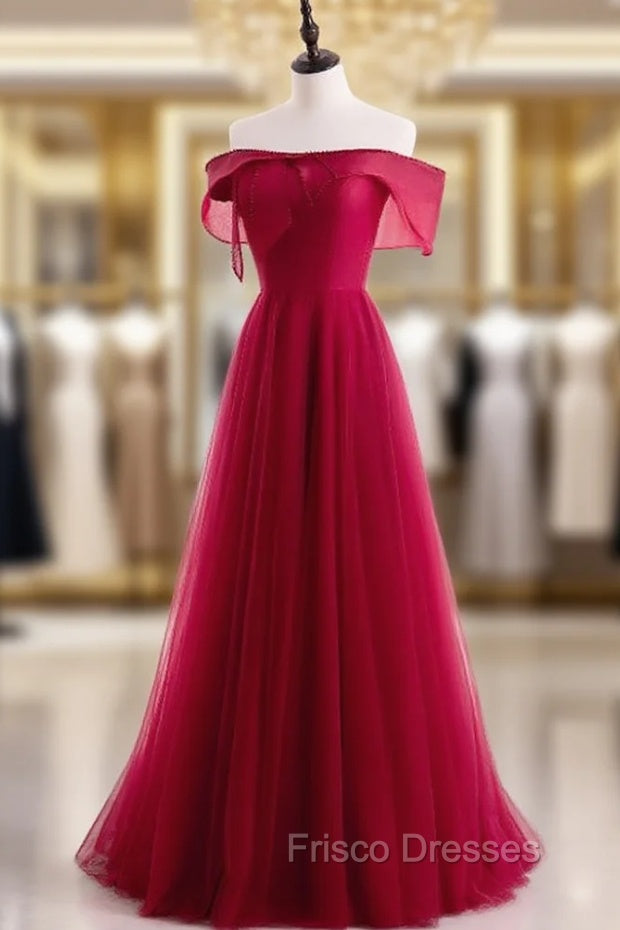 Burgundy Tulle Pearls Off the Shoulder Formal Prom Dress