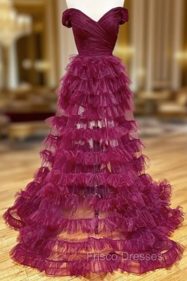Burgundy Tulle Pleats Off the Shoulder Formal Prom Dress Main image