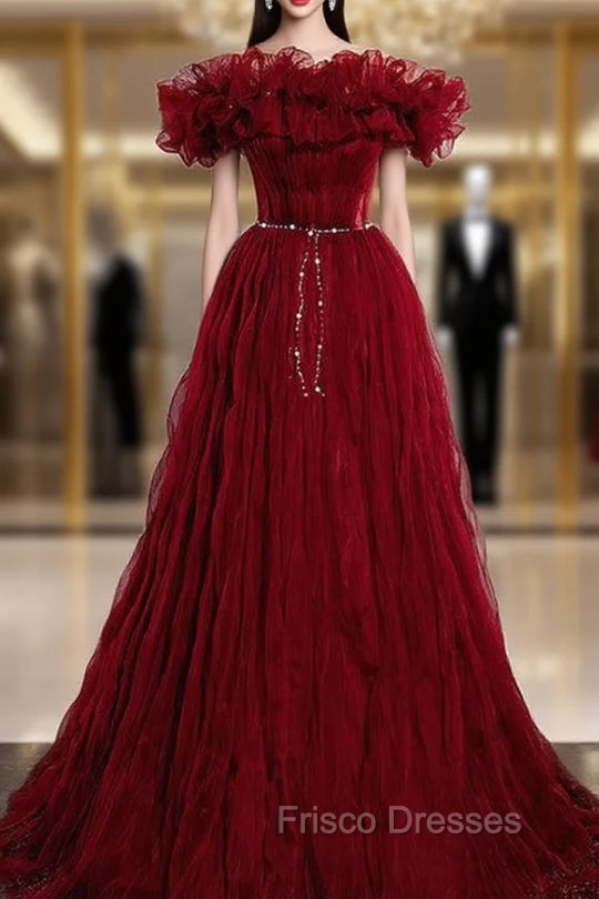 Burgundy Tulle Pleats Off the Shoulder Formal Prom Dress