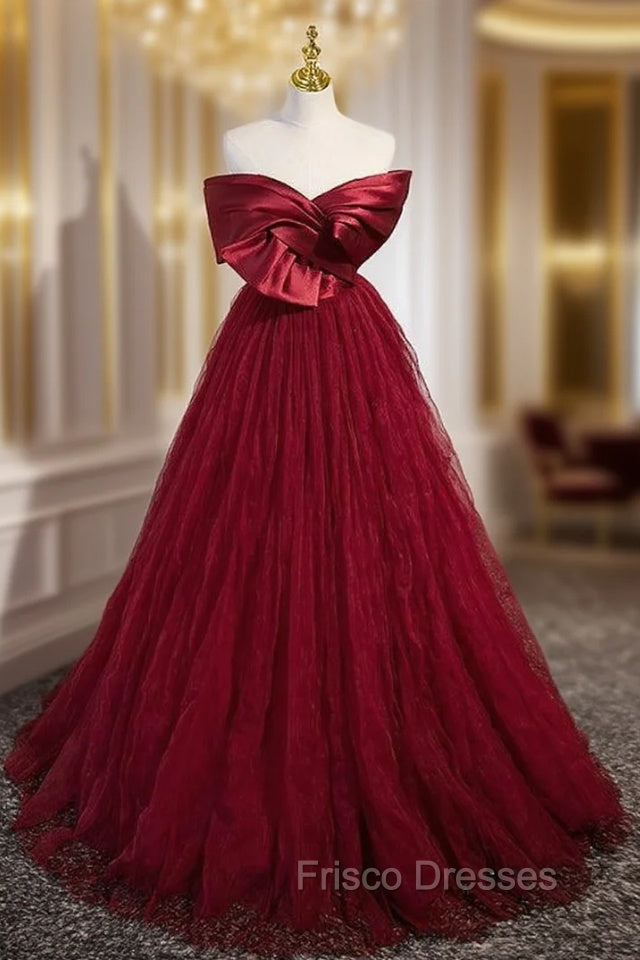 Burgundy Tulle Satin Off the Shoulder Formal Prom Dress