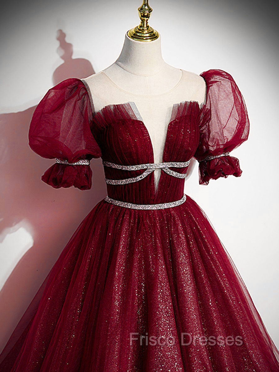 Burgundy Tulle Sequin Long Formal Prom Dress, Burgundy Formal Evening Dress