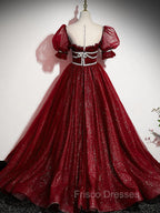 Burgundy Tulle Sequin Long Formal Prom Dress, Burgundy Formal Evening Dress