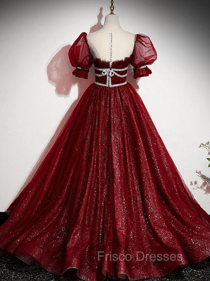 Burgundy Tulle Sequin Long Formal Prom Dress, Burgundy Formal Evening Dress