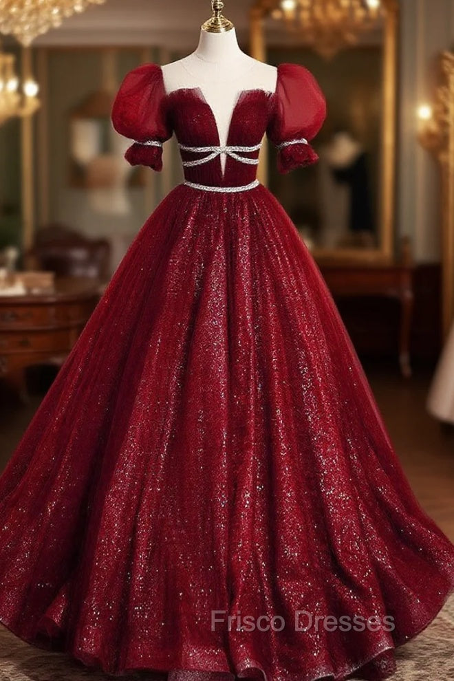 Burgundy Tulle Sequin Long Formal Prom Dress, Burgundy Formal Evening Dress Main image