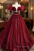 Burgundy Tulle Sequin Long Formal Prom Dress, Burgundy Formal Evening Dress