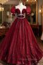 Burgundy Tulle Sequin Long Formal Prom Dress, Burgundy Formal Evening Dress
