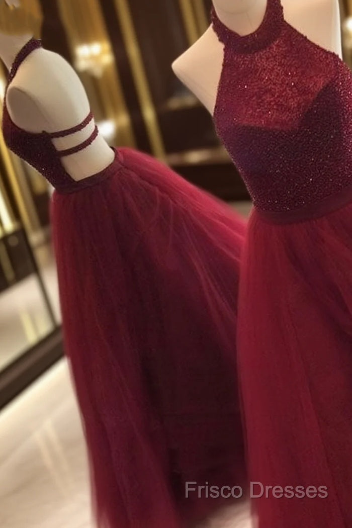 Burgundy Tulle Sequin Long Formal Prom Dress, Cute Formal Dress For Teens Main image