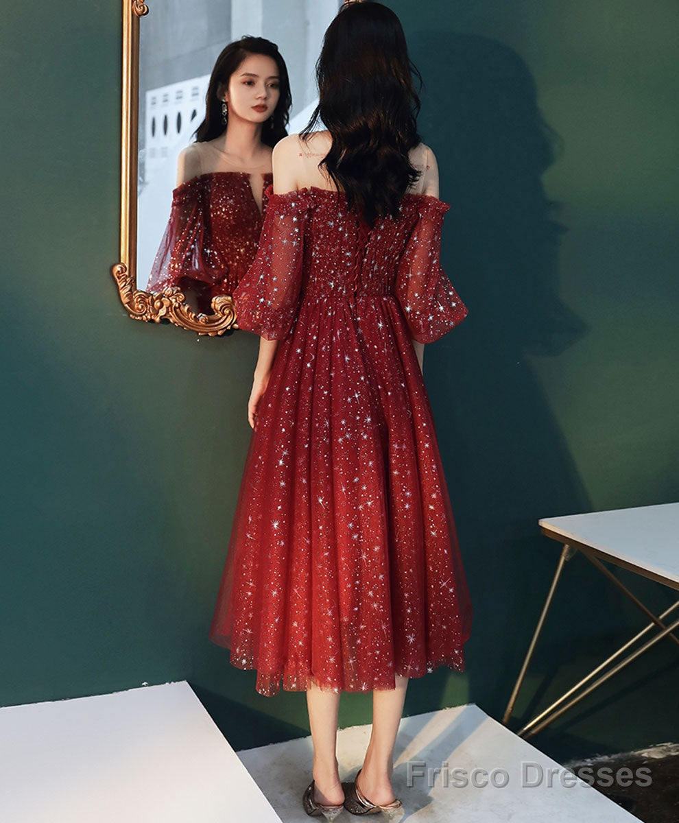 Burgundy Tulle Sequin Short Prom Dress Burgundy Formal Dress – Frisco