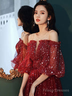 Burgundy Tulle Sequin Short Prom Dress Burgundy Formal Dress