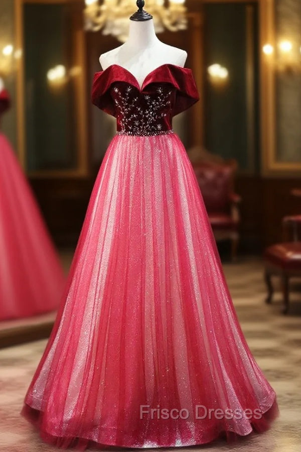 Burgundy Tulle Sequins Bead Off the Shoulder Formal Prom Dress Main image
