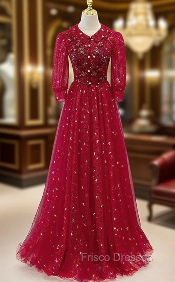 Burgundy Tulle Sequins Beading Short Sleeve Formal Prom Dress