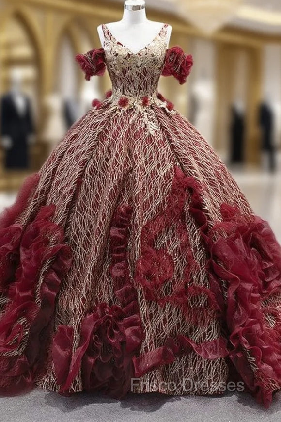 Burgundy Tulle Sequins Flower V-neck Formal Prom Dress