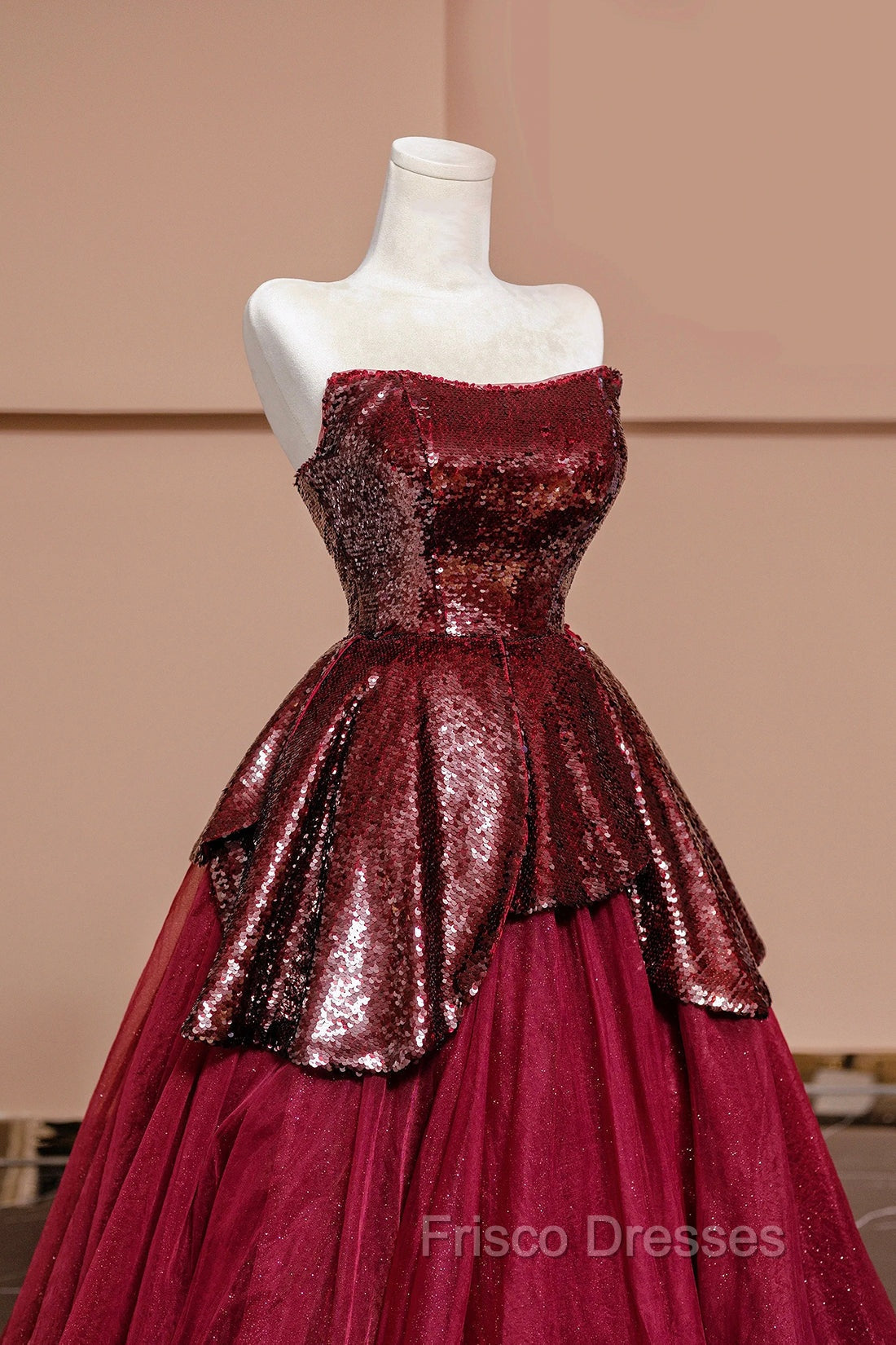 Burgundy Tulle Sequins Long Formal Prom Dress, A-Line Strapless Evening Party Dress Secondary image