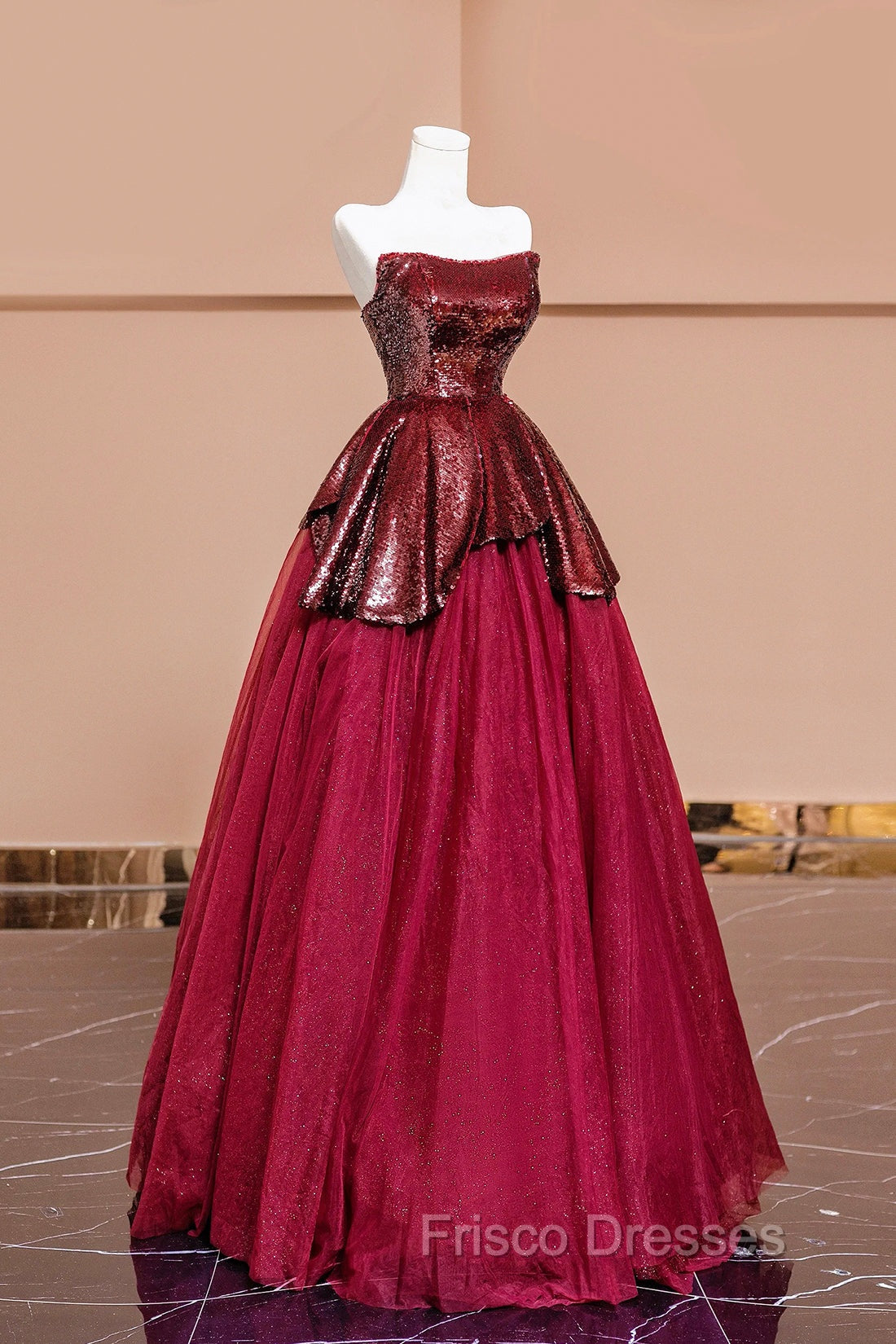 Burgundy Tulle Sequins Long Formal Prom Dress, A-Line Strapless Evening Party Dress