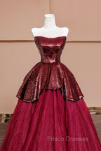 Burgundy Tulle Sequins Long Formal Prom Dress, A-Line Strapless Evening Party Dress