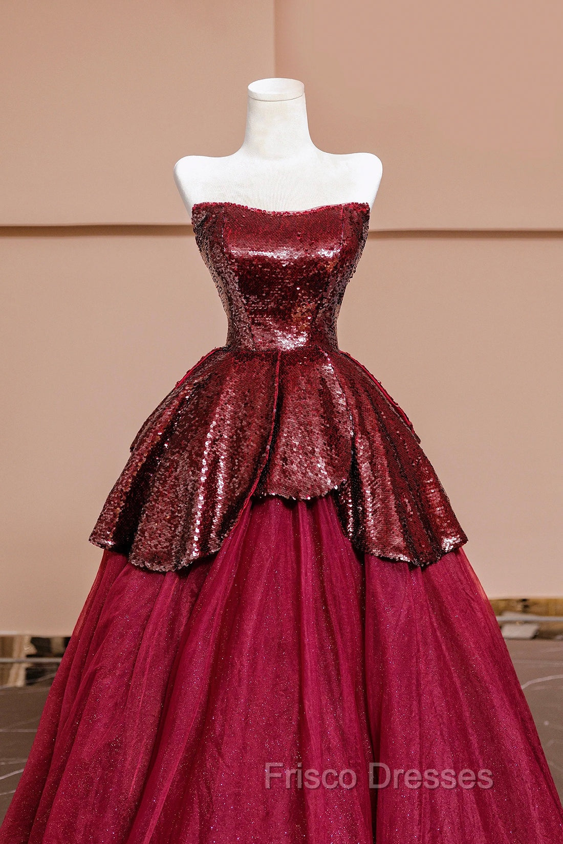 Burgundy Tulle Sequins Long Formal Prom Dress, A-Line Strapless Evening Party Dress