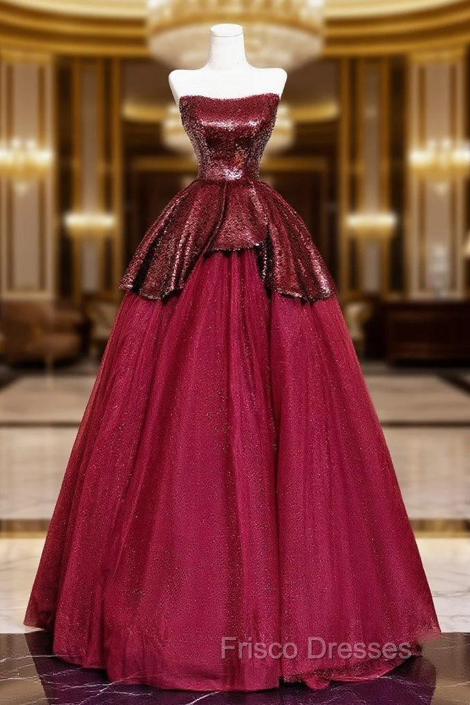 Burgundy Tulle Sequins Long Formal Prom Dress, A-Line Strapless Evening Party Dress Main image