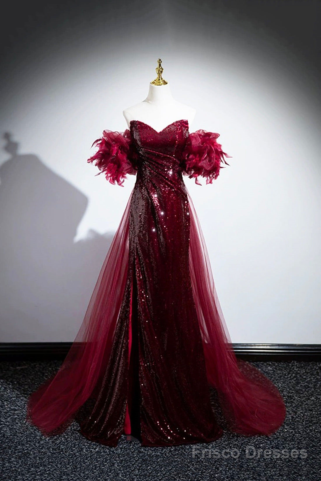 Burgundy Tulle Sequins Long Prom Dress, Burgundy Evening Party Dress Main image