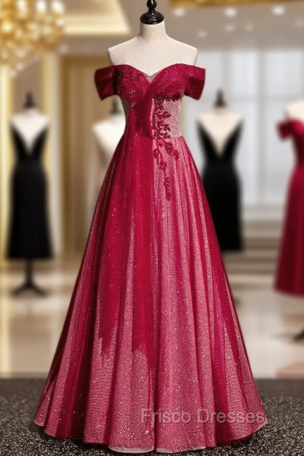 Burgundy Tulle Sequins Off the Shoulder Beading Pleats Formal Prom Dress Main image