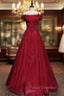 Burgundy Tulle Sequins Off the Shoulder Pleats Formal Prom Dress