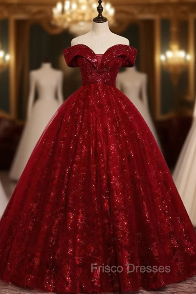 Burgundy Tulle Sequins Off the Shoulder Quinceanera Dress Main image