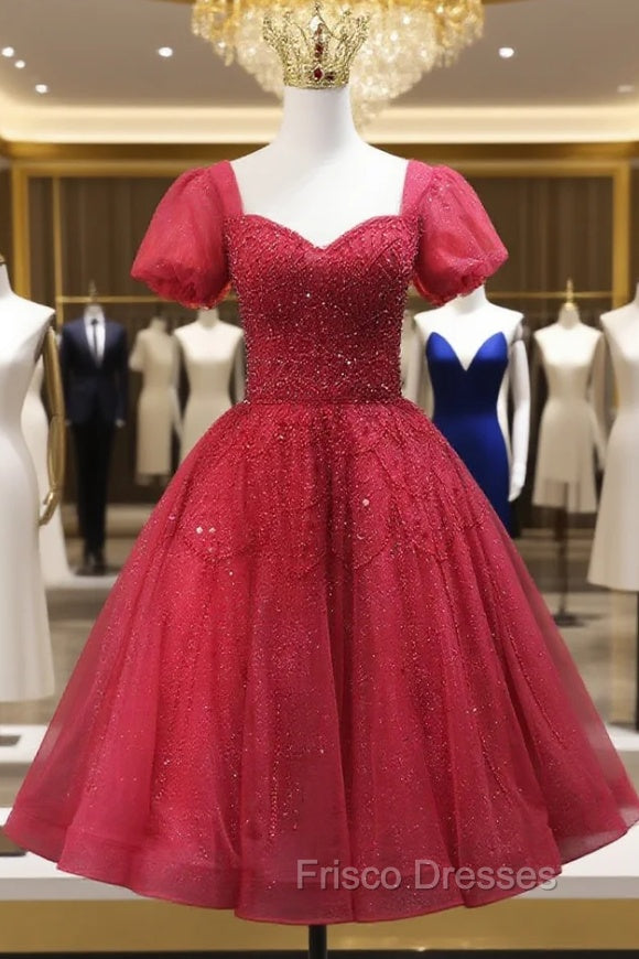 Burgundy Tulle Sequins Short Sleeve Beading Homecoming Dress Main image