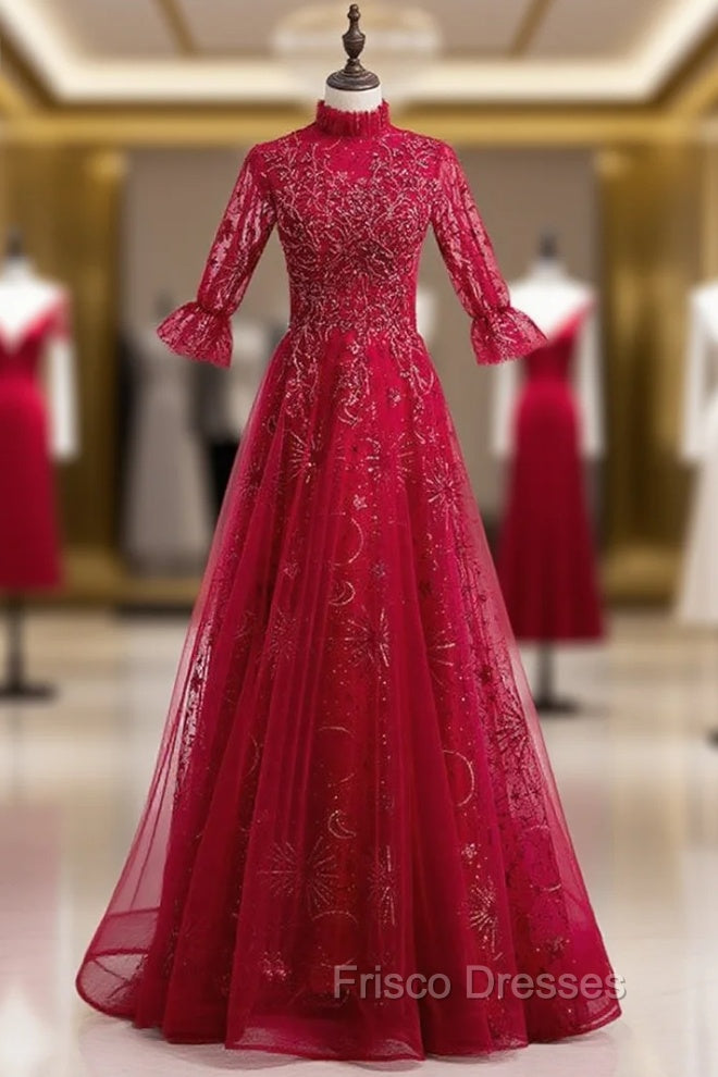 Burgundy Tulle Sequins Short Sleeve Beading Formal Prom Dress
