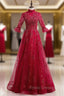 Burgundy Tulle Sequins Short Sleeve Beading Formal Prom Dress