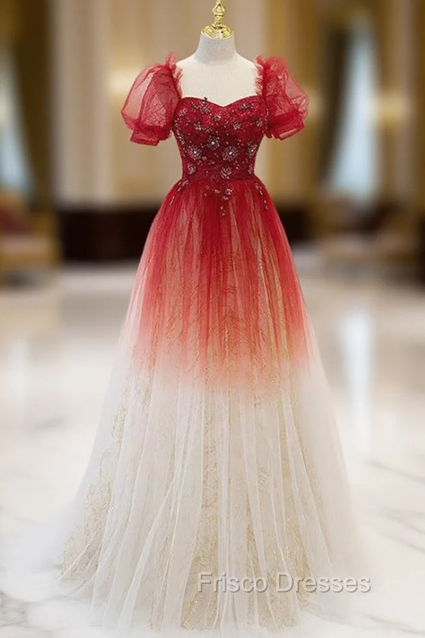 Burgundy Tulle Sequins Short Sleeve Square Beading Formal Prom Dress