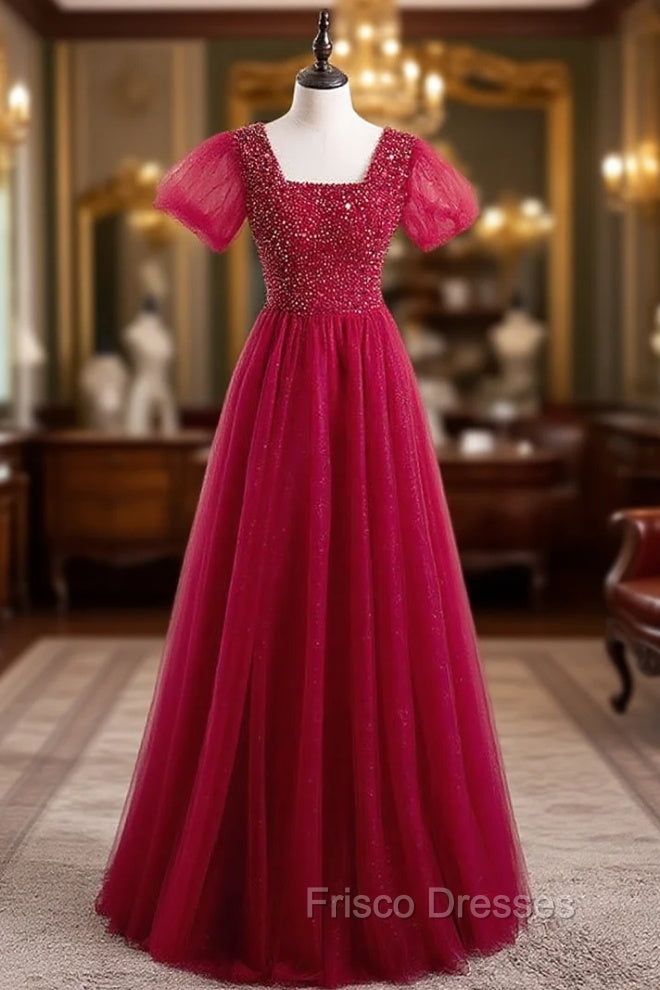 Burgundy Tulle Sequins Square Short Sleeve Formal Prom Dress Main image