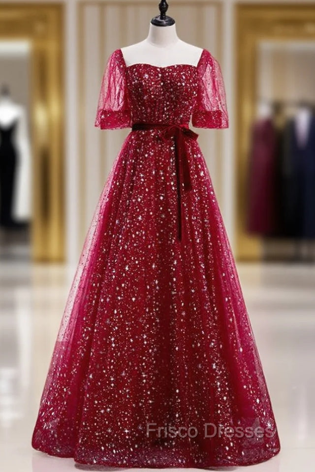 Burgundy Tulle Sequins Square Short Sleeve Formal Prom Dress Main image