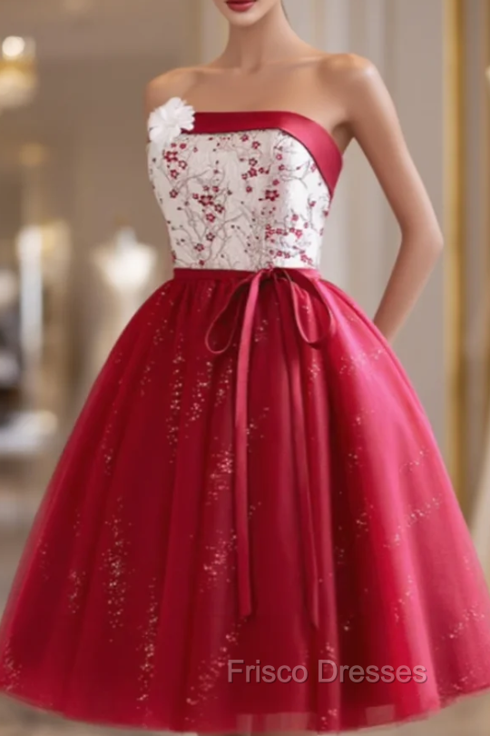 Burgundy Tulle Sequins Strapless Homecoming Dress Main image