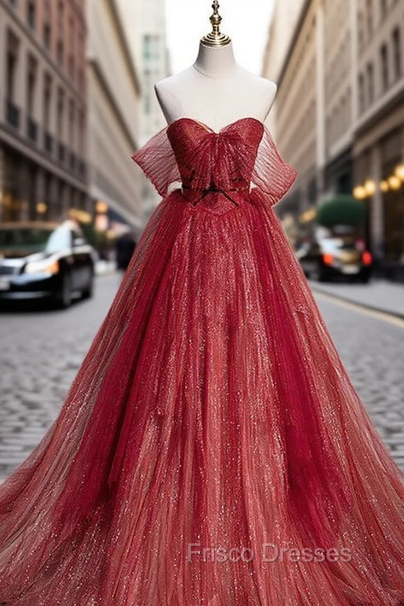 Burgundy Tulle Sequins Sweetheart Formal Prom Dress Main image