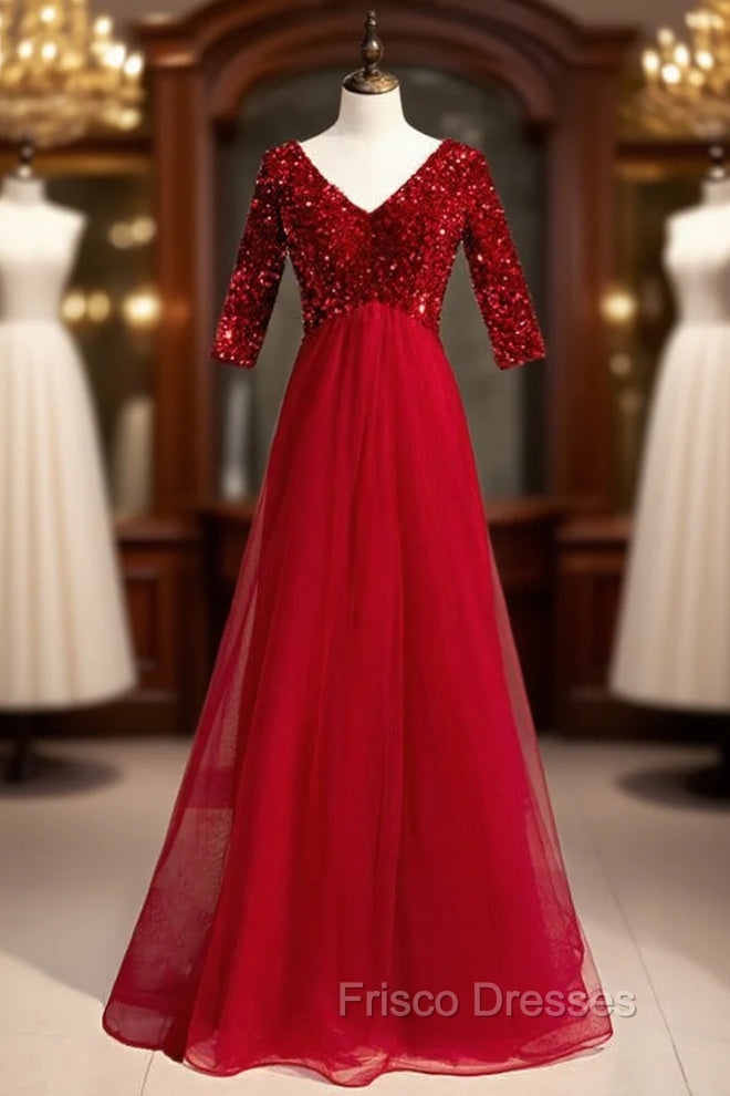 Burgundy Tulle Sequins V-neck Short Sleeve Formal Prom Dress Main image