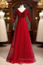 Burgundy Tulle Sequins V-neck Short Sleeve Formal Prom Dress