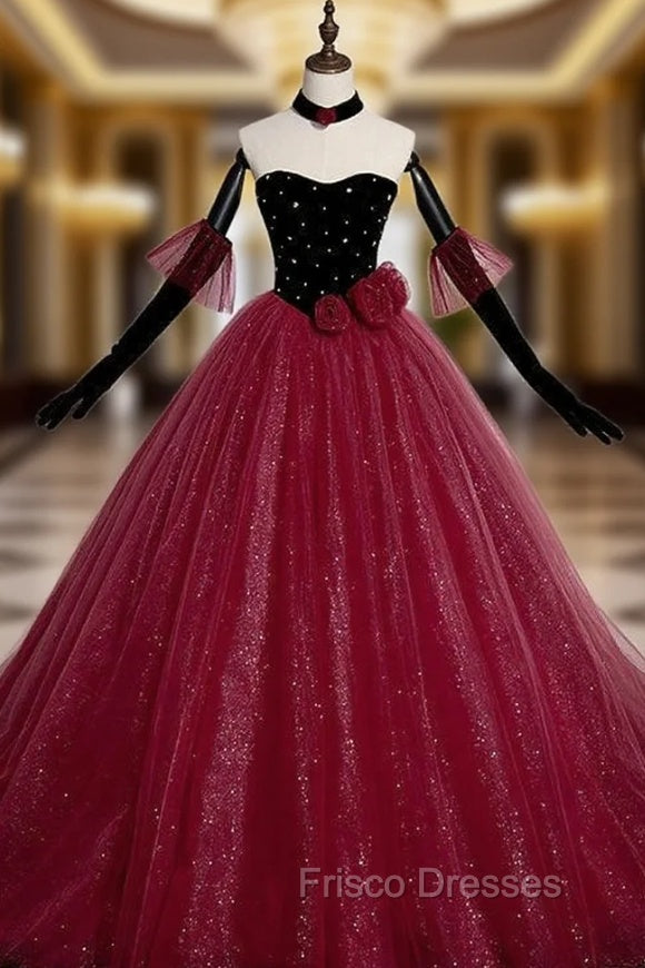 Burgundy Tulle Sequins Velvet Strapless Formal Prom Dress