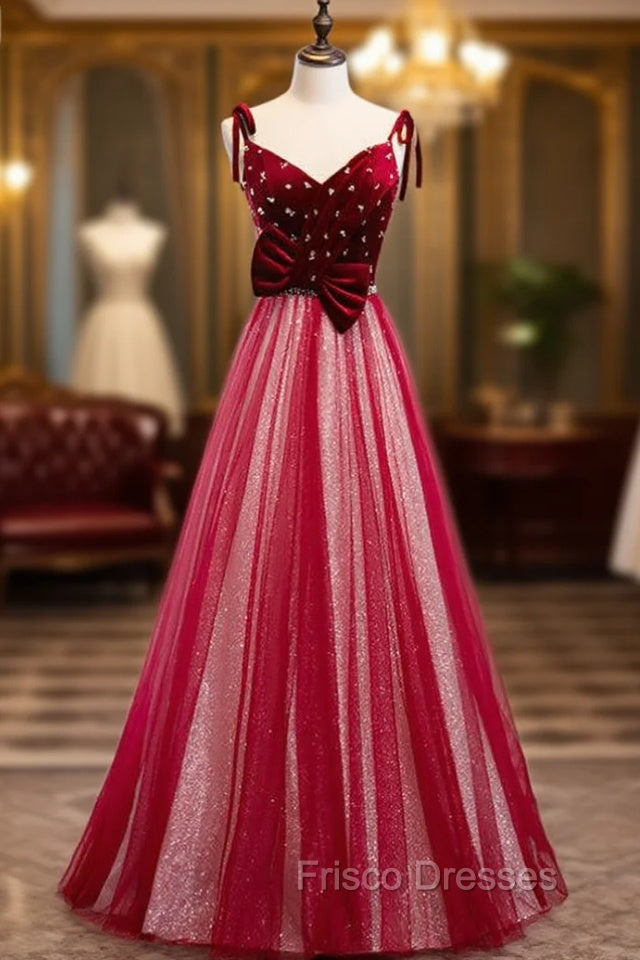 Burgundy Tulle Sequins Velvet V-neck Beading Formal Prom Dress Main image