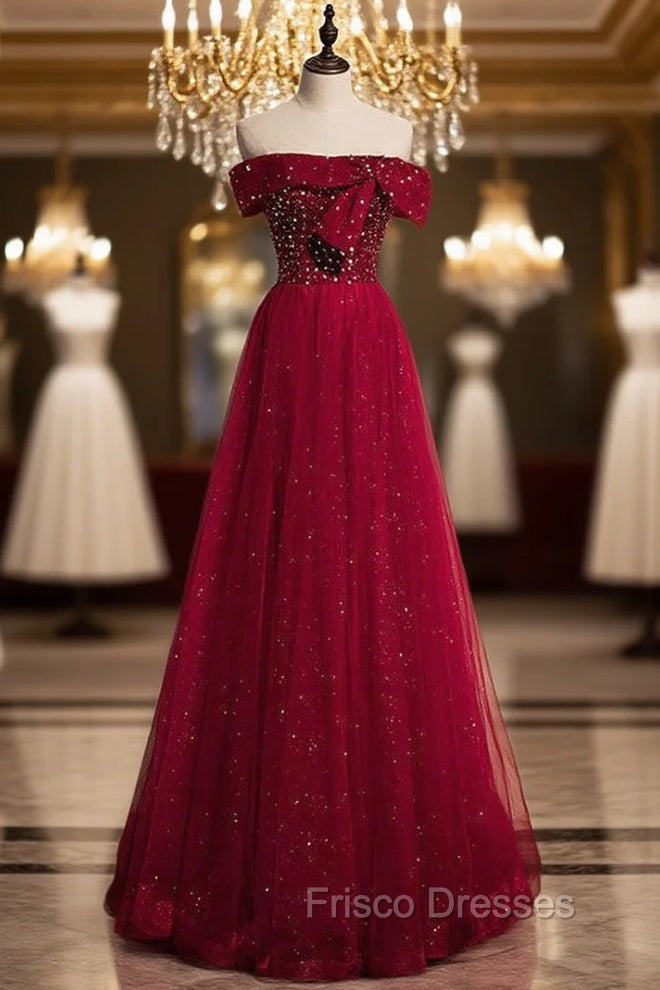 Burgundy Tulle Seuqins Beading Off the Shoulder Formal Prom Dress Main image