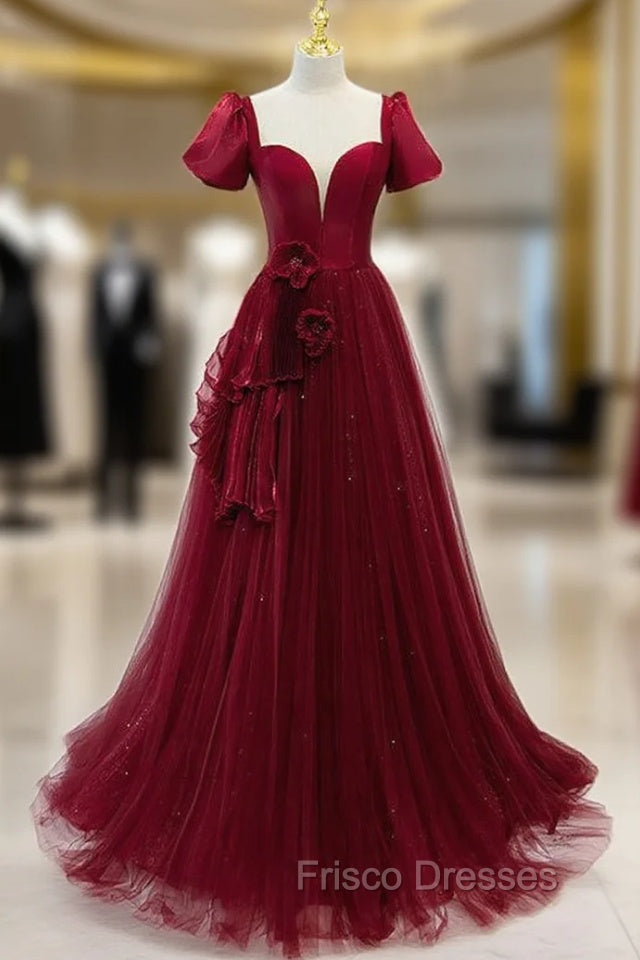 Burgundy Tulle Short Sleeve Backless Pleats Formal Prom Dress Main image