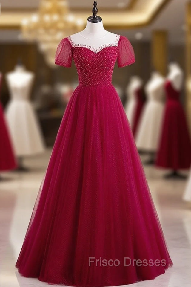 Burgundy Tulle Short Sleeve Scoop Neck Formal Prom Dress