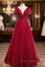 Burgundy Tulle Short Sleeve V-neck Beading Formal Prom Dress