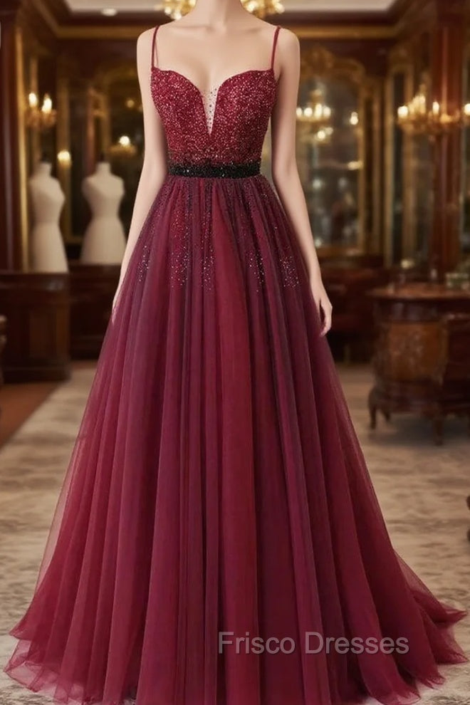 Burgundy Tulle Spaghetti Straps Beaded Formal Prom Dress