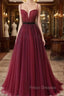 Burgundy Tulle Spaghetti Straps Beaded Formal Prom Dress