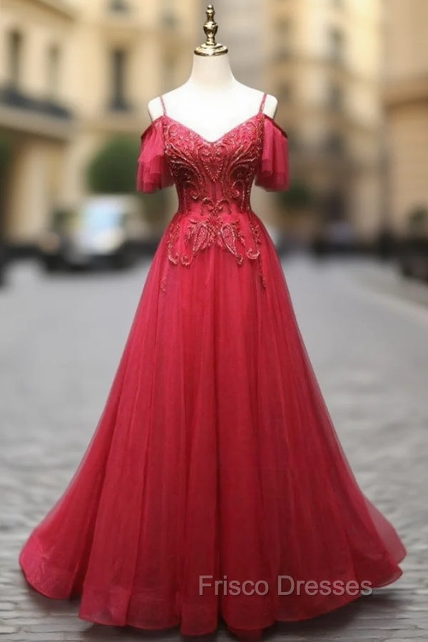 Burgundy Tulle Spaghetti Straps Lace Beading Formal Prom Dress Main image