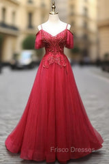 Burgundy Tulle Spaghetti Straps Lace Beading Formal Prom Dress