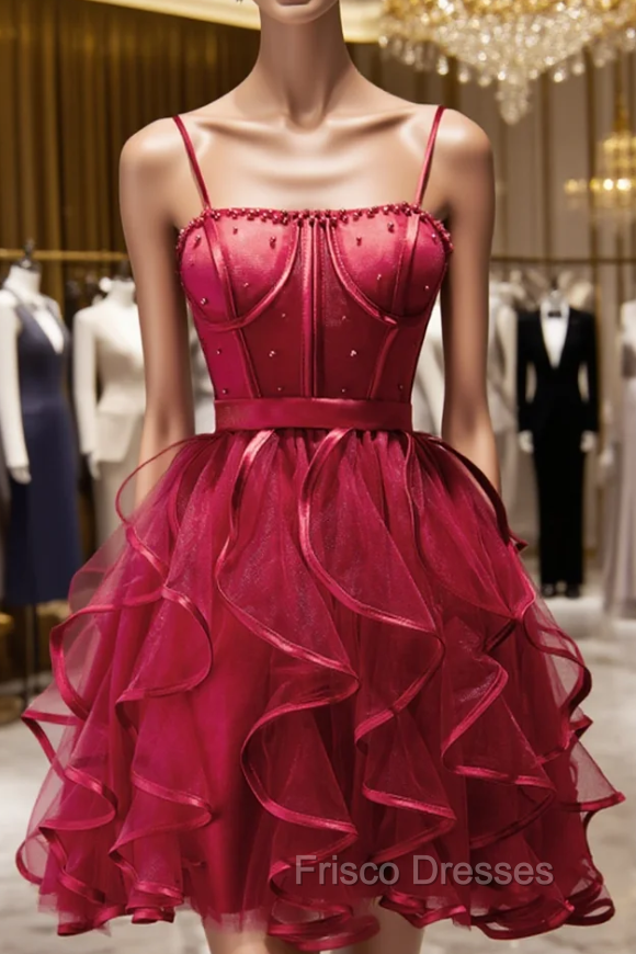 Burgundy Tulle Spaghetti Straps Pearls Homecoming Dress Main image