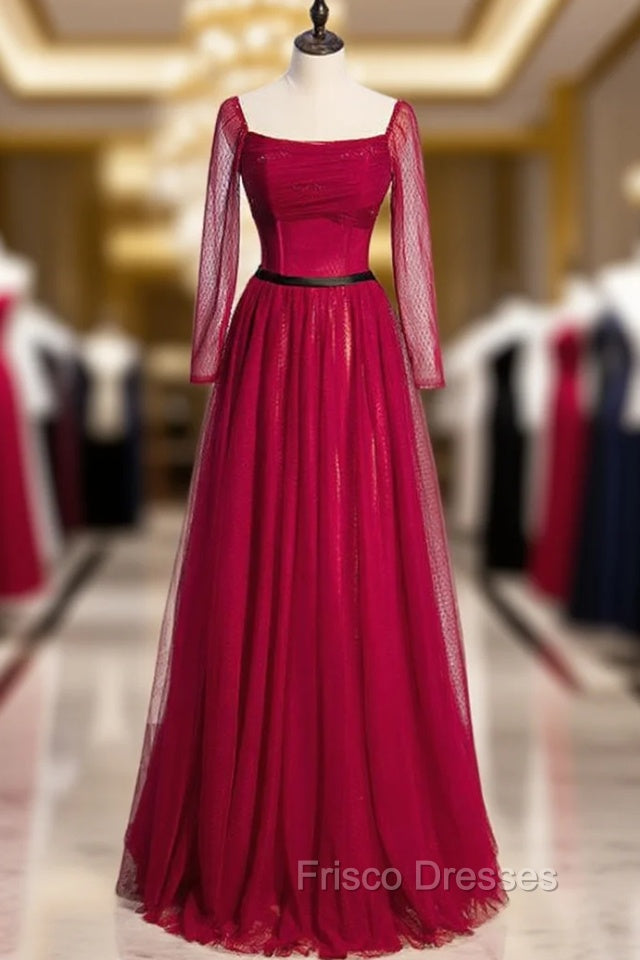 Burgundy Tulle Square Long Sleeve Formal Prom Dress Main image