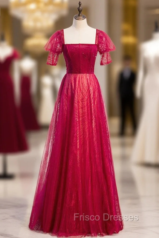 Burgundy Tulle Square Short Sleeve Beading Formal Prom Dress