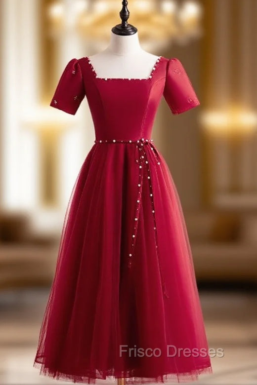Burgundy Tulle Square Short Sleeve Pearls Formal Prom Dress